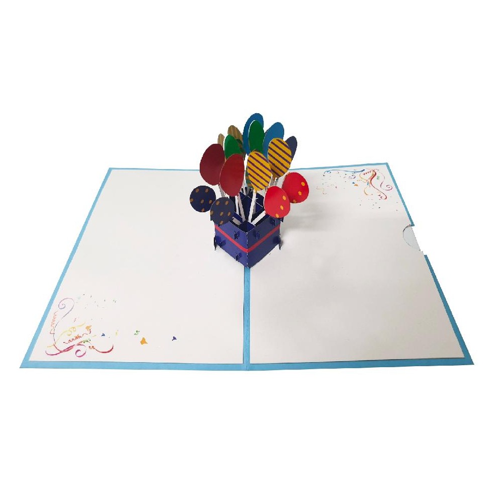 Biglietto Pop-up 3D scatola azzurra da cui escono palloncini multicolori