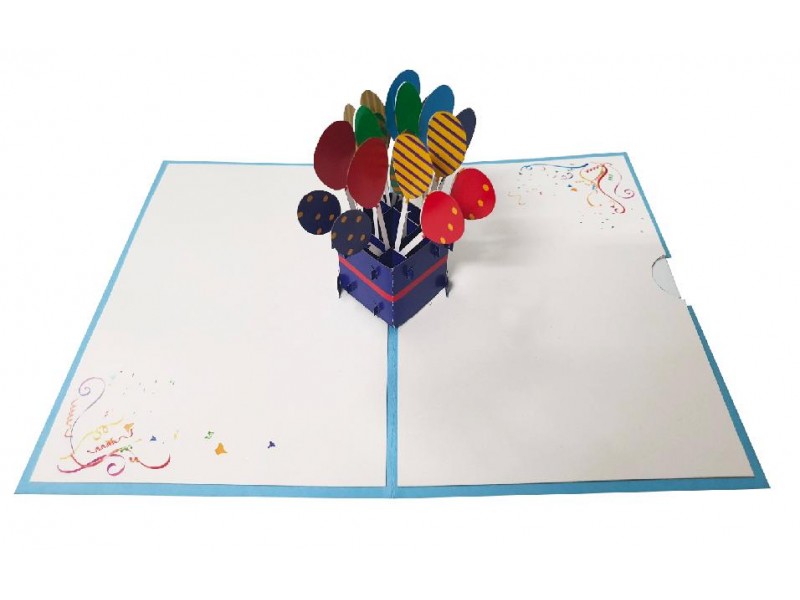 Biglietto Pop-up 3D scatola azzurra da cui escono palloncini multicolori