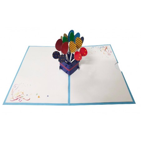 Biglietto Pop-up 3D scatola azzurra da cui escono palloncini multicolori