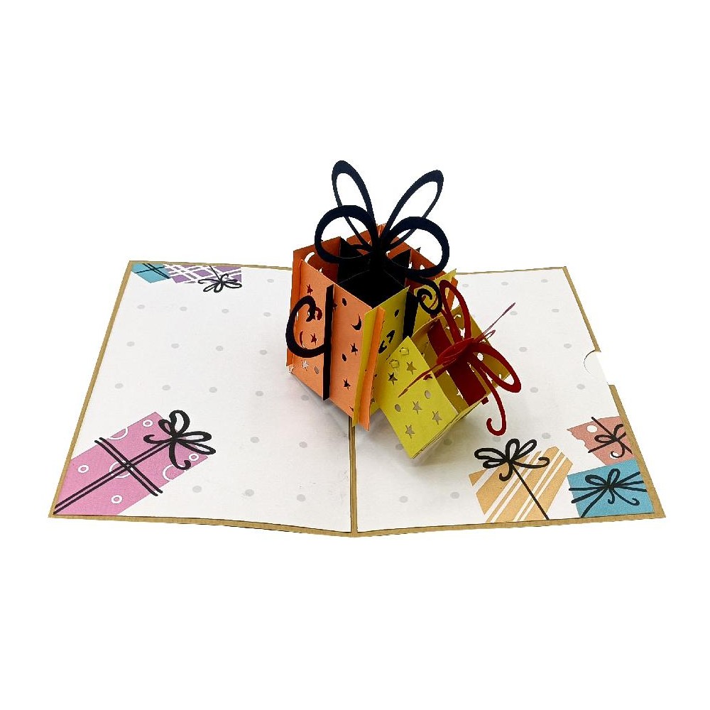 Biglietto Pop-up 3D con scatola centrale da cui emergono pacchetti regalo arancio, gialli e rossi