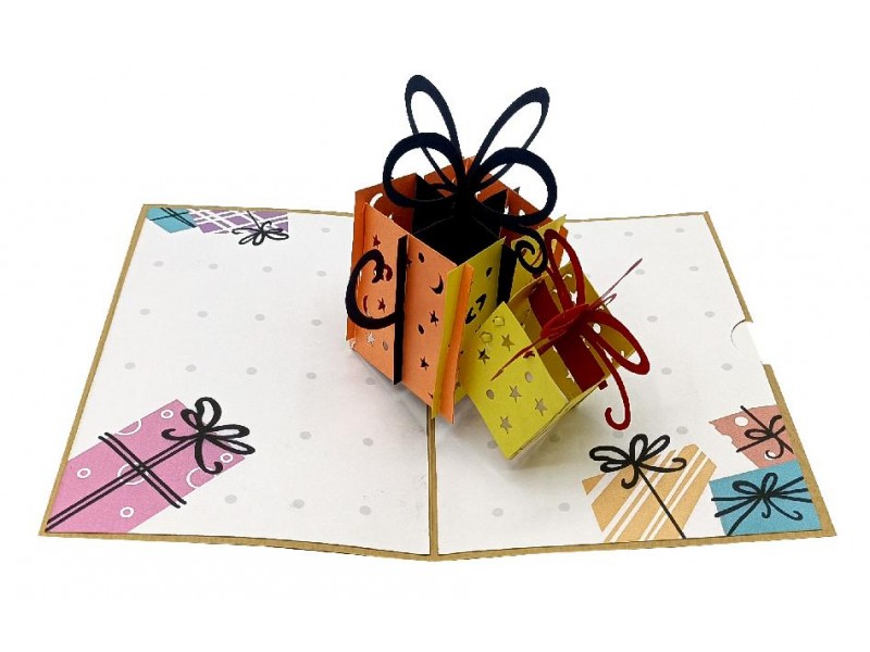 Biglietto Pop-up 3D con scatola centrale da cui emergono pacchetti regalo arancio, gialli e rossi