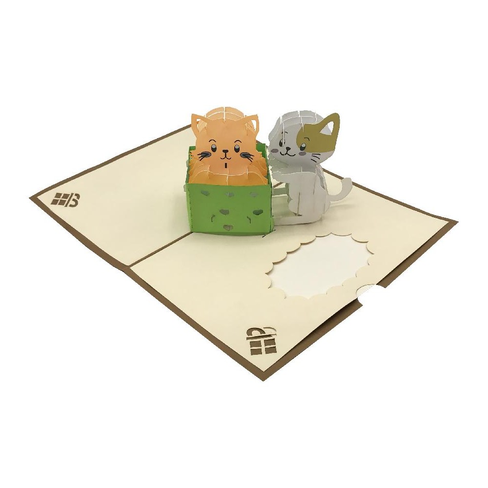 Biglietto Pop-up 3D con due gattini che sbucano da un pacco verde