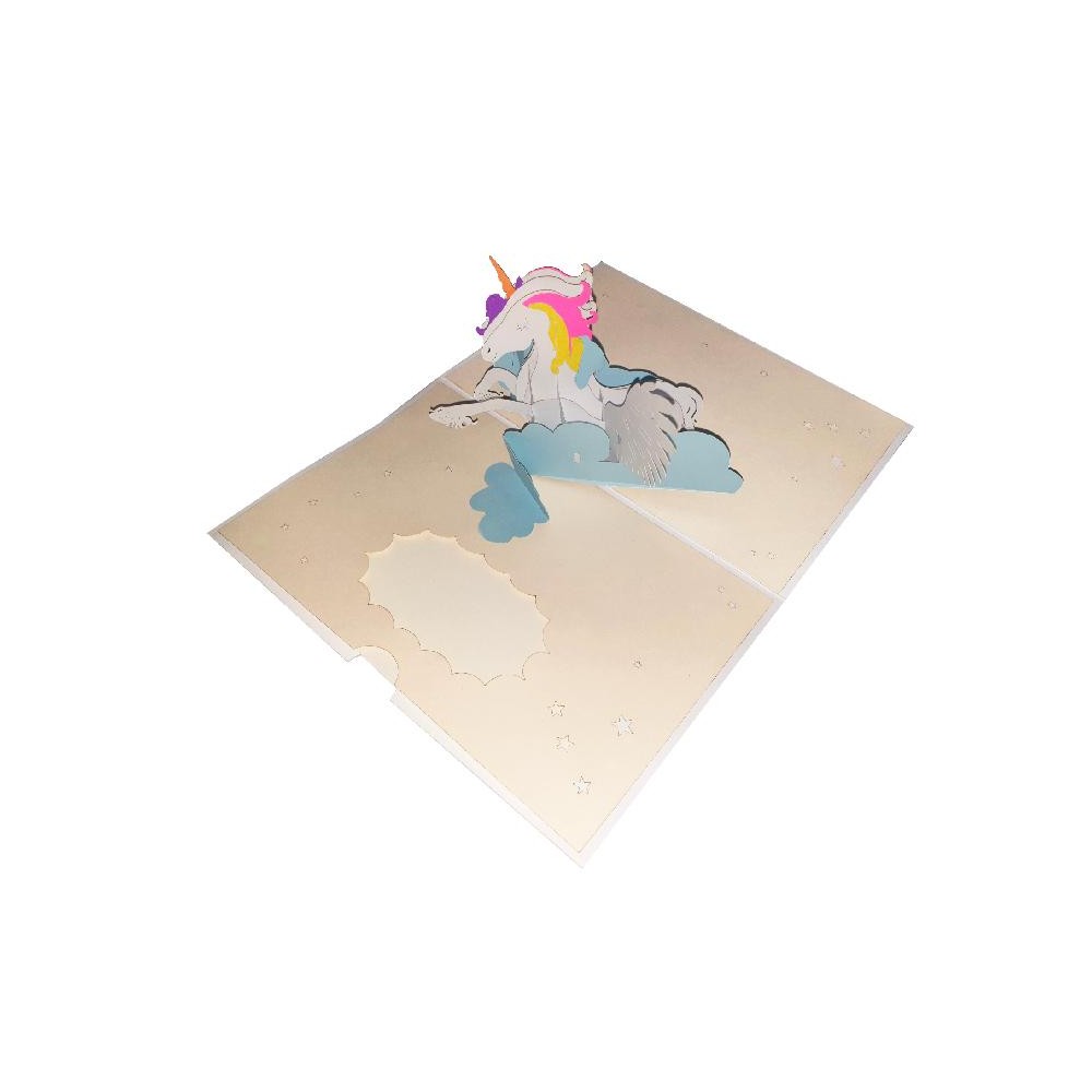 Biglietto pop-up 3D con unicorno multicolore che fluttua tra nuvole crema