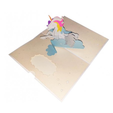 Biglietto pop-up 3D con unicorno multicolore che fluttua tra nuvole crema