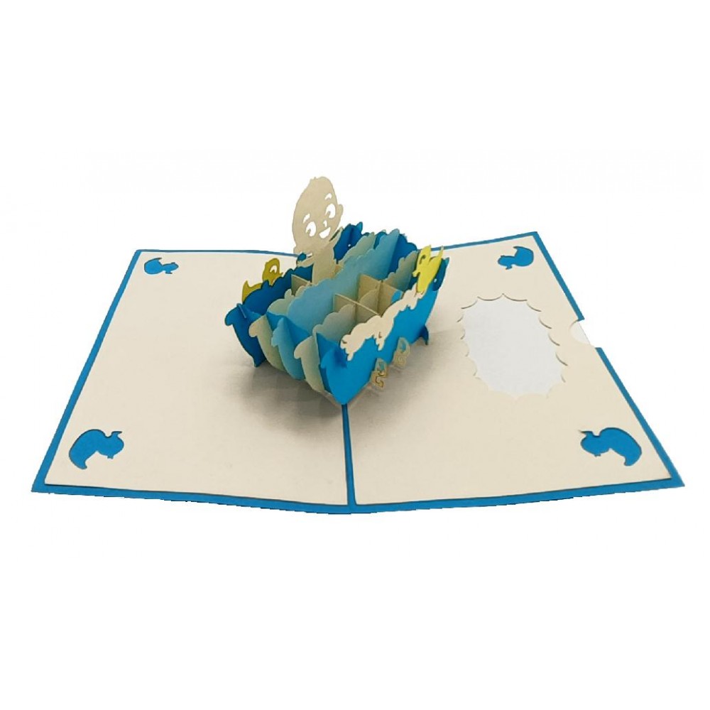 Biglietto pop-up 3D con neonato in vasca azzurra e paperelle gialle