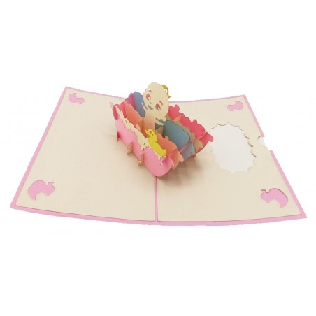 Biglietto pop-up 3D con neonato in vaschetta rosa e paperelle gialle