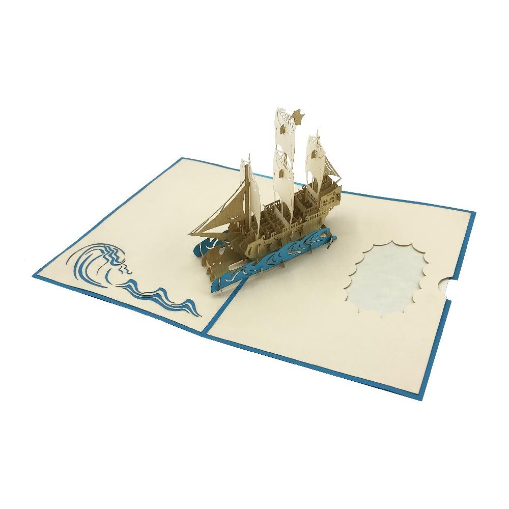 Biglietto pop-up 3D con veliero a tre alberi tra onde azzurre