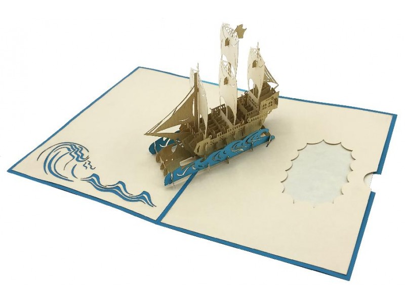 Biglietto pop-up 3D con veliero a tre alberi tra onde azzurre