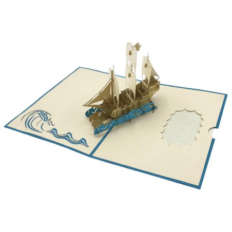 Biglietto pop-up 3D con veliero a tre alberi tra onde azzurre