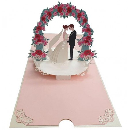 Biglietto pop-up 3D con arco di rose rosa e rosse e sposi abbracciati
