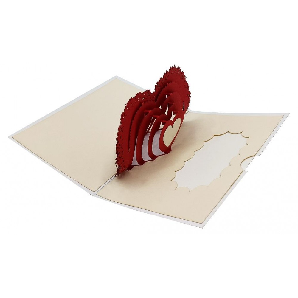 Biglietto pop-up 3D con cuore centrale rosso e mille piccoli cuori