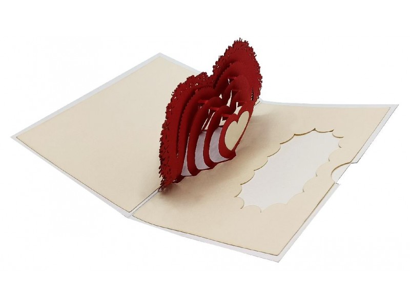 Biglietto pop-up 3D con cuore centrale rosso e mille piccoli cuori