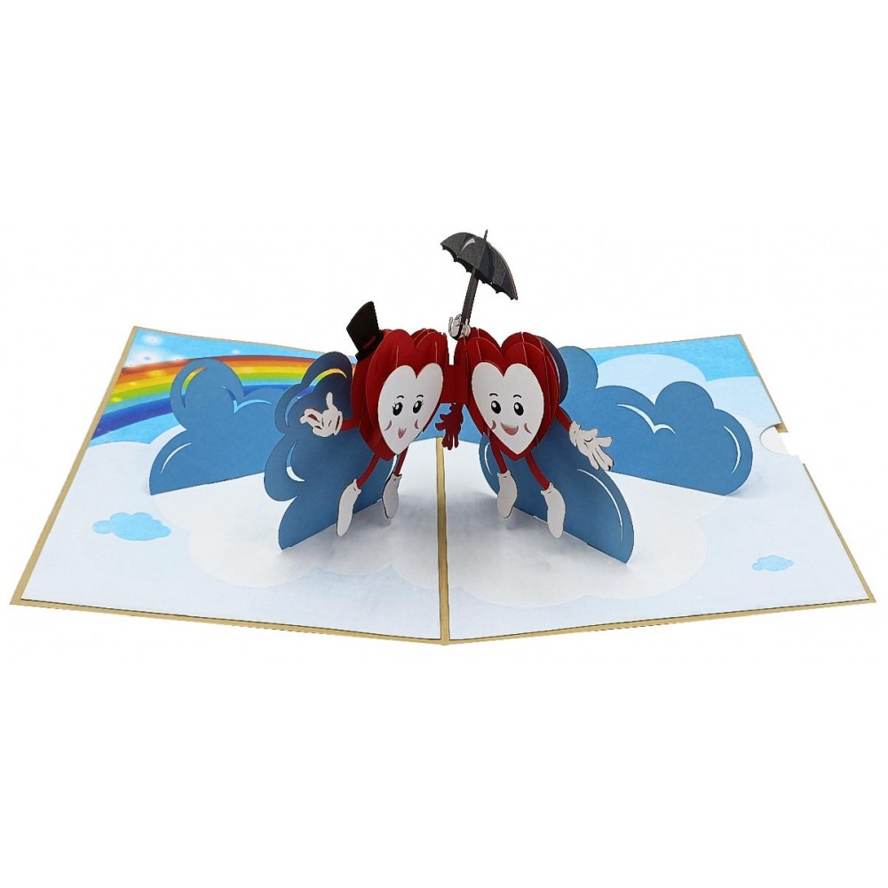 Biglietto pop-up 3D con due cuori animati sotto un ombrello nero, nuvole e arcobaleno