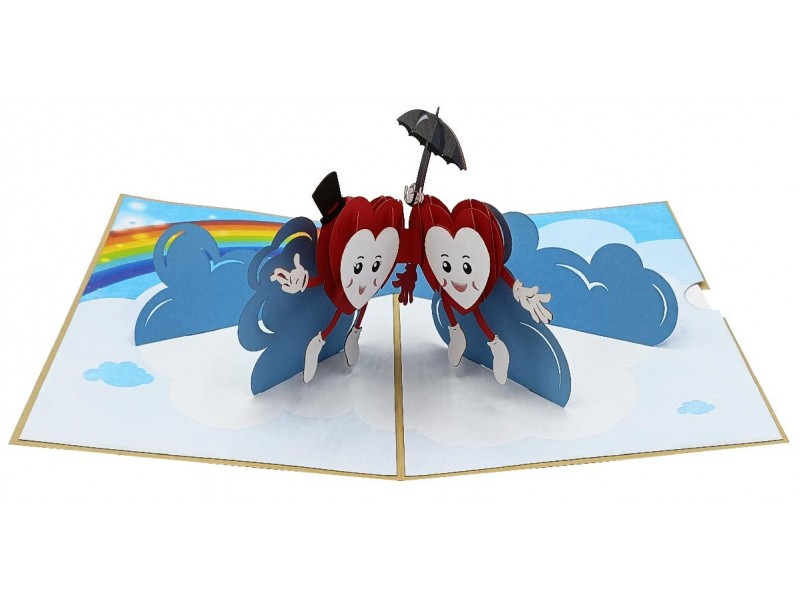 Biglietto pop-up 3D con due cuori animati sotto un ombrello nero, nuvole e arcobaleno