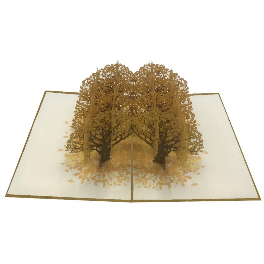 Biglietto pop-up 3D con alberi d’autunno intagliati e foglie dorate