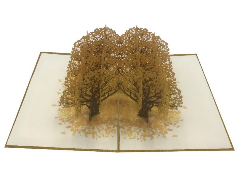 Biglietto pop-up 3D con alberi d’autunno intagliati e foglie dorate