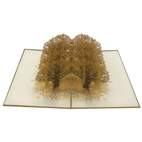 Biglietto pop-up 3D con alberi d’autunno intagliati e foglie dorate