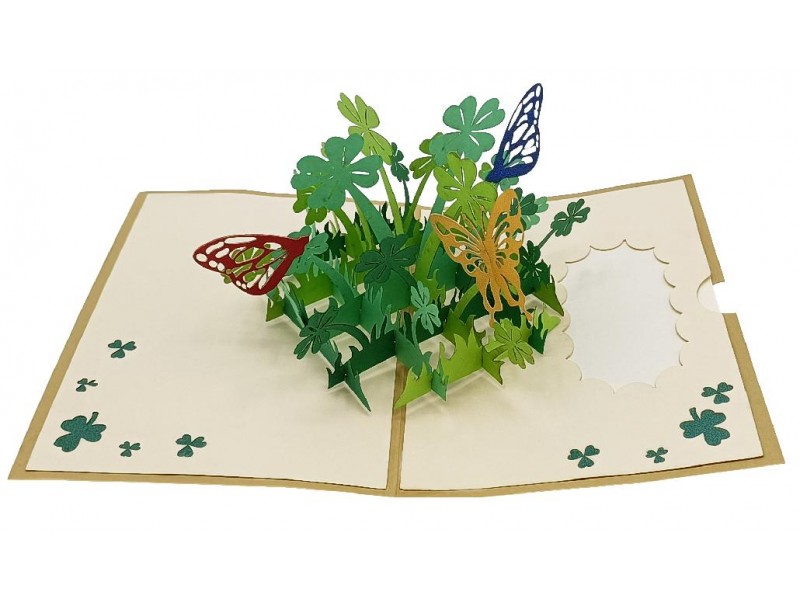 Biglietto Buona Fortuna quadrifoglio verde e farfalle colorate in carta pop-up