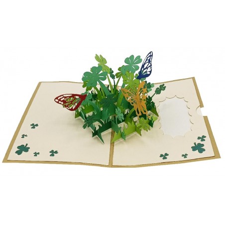 Biglietto Buona Fortuna quadrifoglio verde e farfalle colorate in carta pop-up