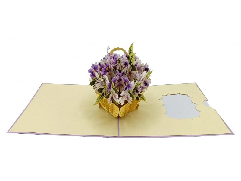 Biglietto auguri generico pop-up con cestino di viole in carta tridimensionale