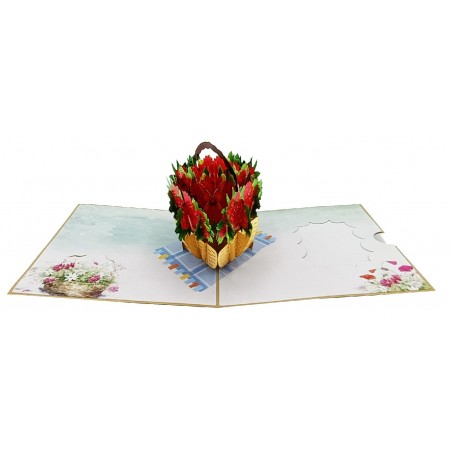 Biglietto auguri generico pop-up con cestino di fiori rosa in carta tridimensionale