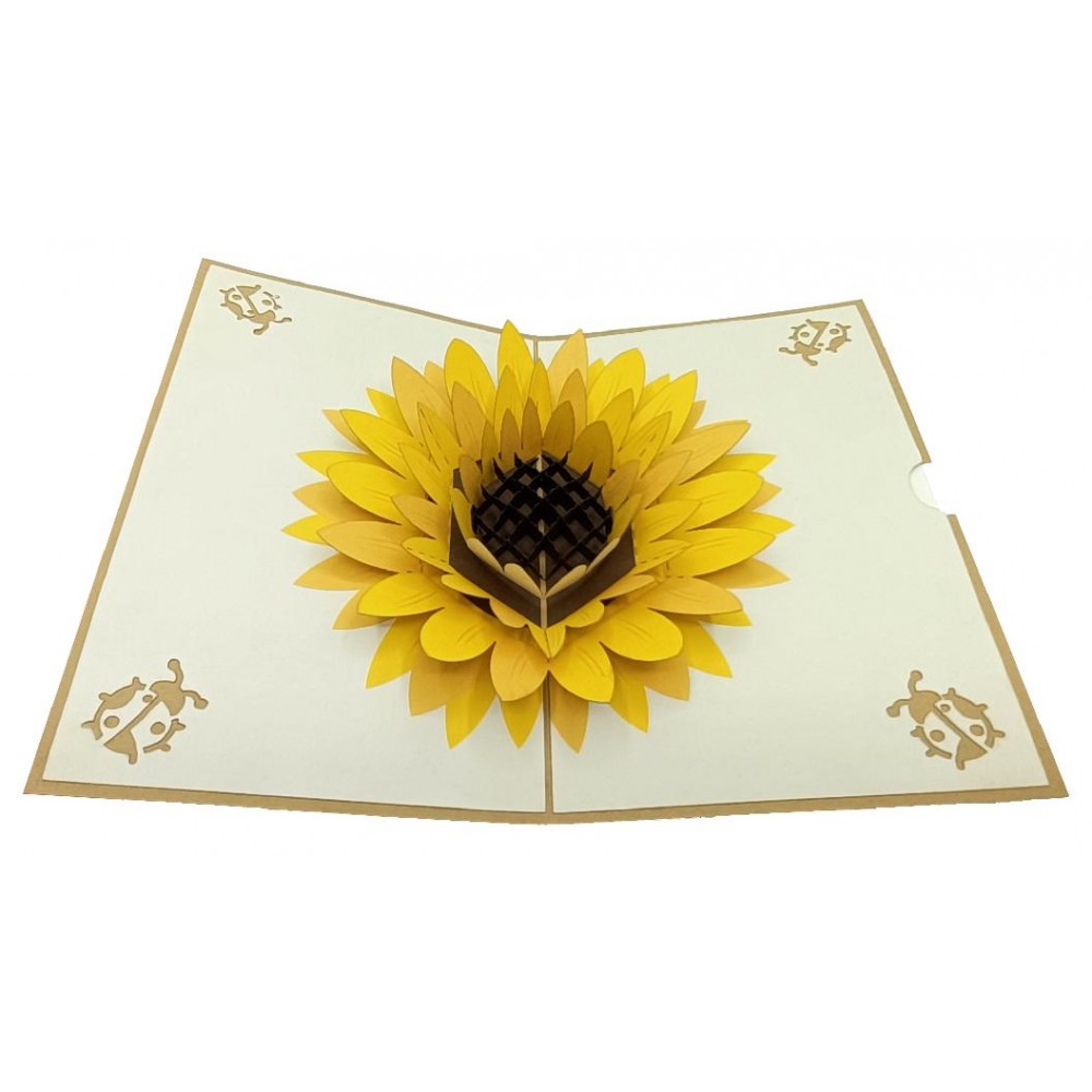 Biglietto Ringraziamento Girasole giallo Pop-up 3D artigianale aperto
