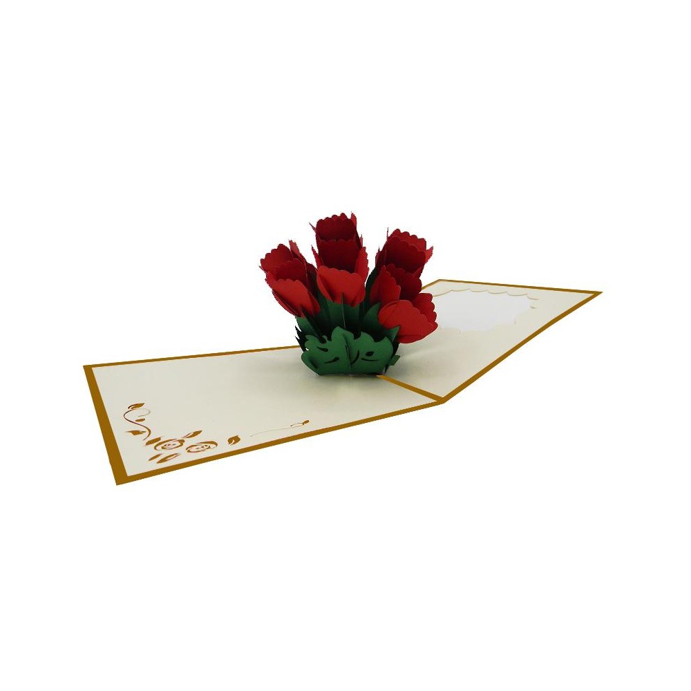 Biglietto San Valentino rose rosse pop-up 3D su sfondo bianco, interno aperto con bouquet tridimensionale.