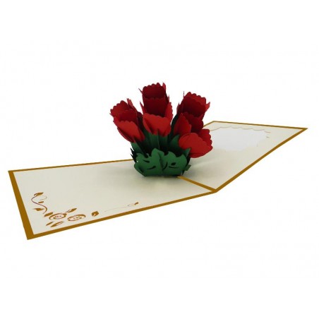 Biglietto San Valentino rose rosse pop-up 3D su sfondo bianco, interno aperto con bouquet tridimensionale.
