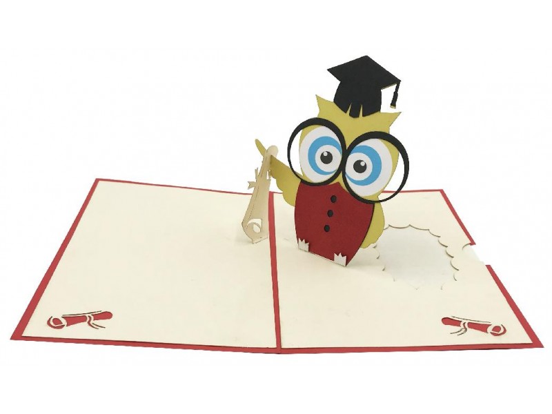 Biglietto Laurea gufo pop-up rosso e giallo con cappello accademico