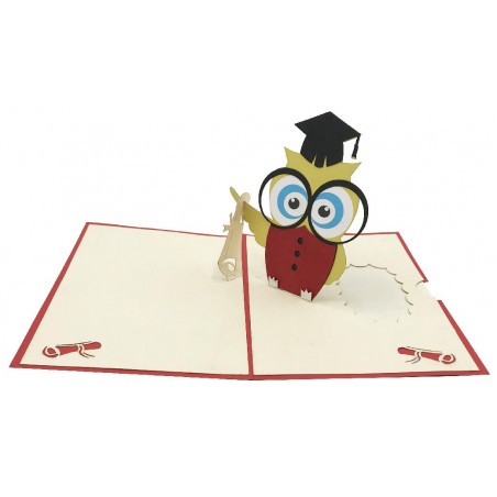 Biglietto Laurea gufo pop-up rosso e giallo con cappello accademico