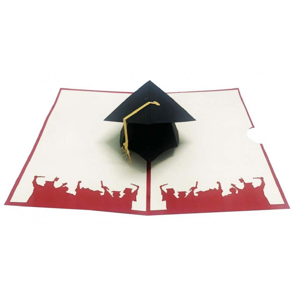 Biglietto laurea cappello nero 3D rosso con pop-up a sorpresa