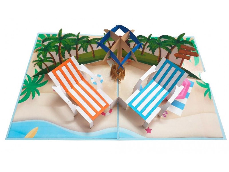 Biglietto vacanze con sdraio pop-up e palma tropicale in rilievo