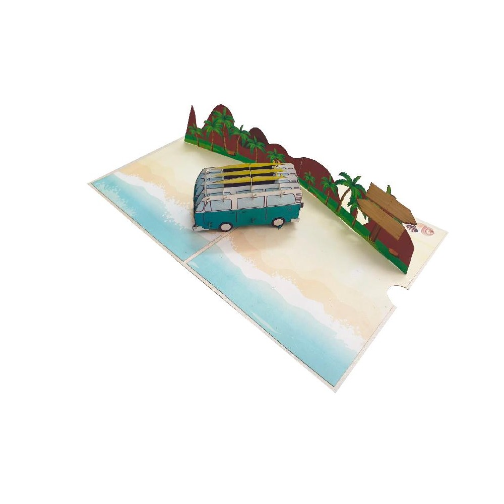 Biglietto vacanze furgoncino pop-up 3D verde acqua e spiaggia tropicale