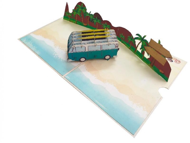 Biglietto vacanze furgoncino pop-up 3D verde acqua e spiaggia tropicale