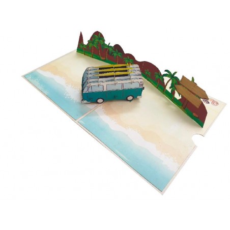 Biglietto vacanze furgoncino pop-up 3D verde acqua e spiaggia tropicale