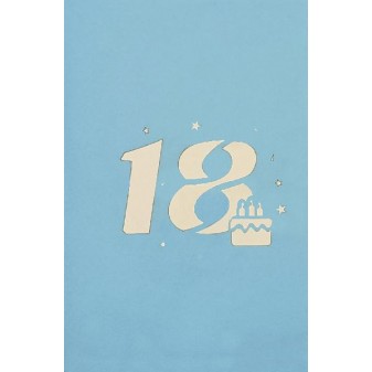 Copertina biglietto 18° compleanno azzurra con numero e torta stilizzata