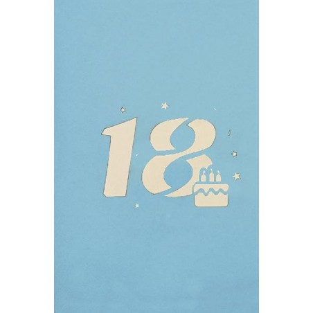 Copertina biglietto 18° compleanno azzurra con numero e torta stilizzata