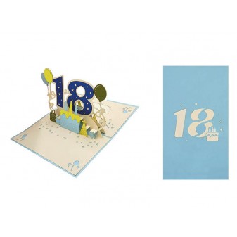Biglietto Pop-up 3D 18 anni per lui con torta e palloncini in carta