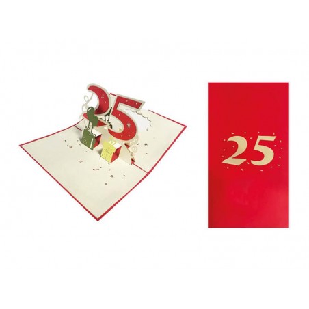 Interno biglietto 25 anni festoso con palloncini e pacchetti regalo