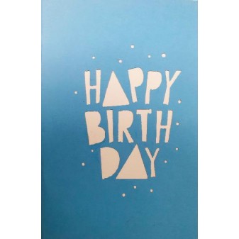 Copertina azzurra Biglietto con “Happy Birthday” inciso e pallini ritagliati