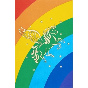 Copertina arcobaleno con silhouette di pegaso alato dorato su sfondo colorato