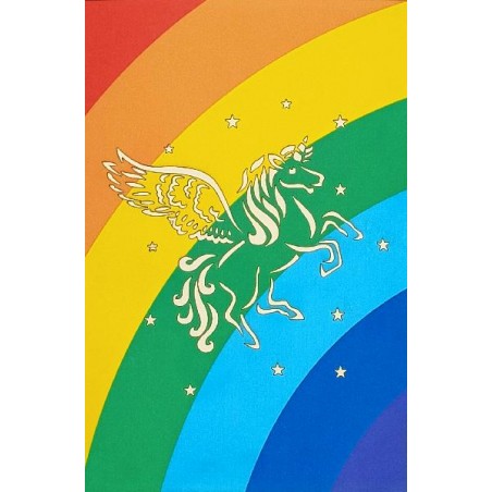 Copertina arcobaleno con silhouette di pegaso alato dorato su sfondo colorato