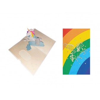 Vista interna ed esterna del biglietto origami unicorno multicolore