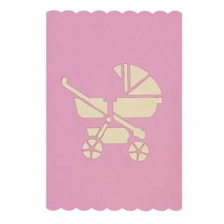 Copertina rosa cipria con carrozzina in crema sagomata e bordo smerlato