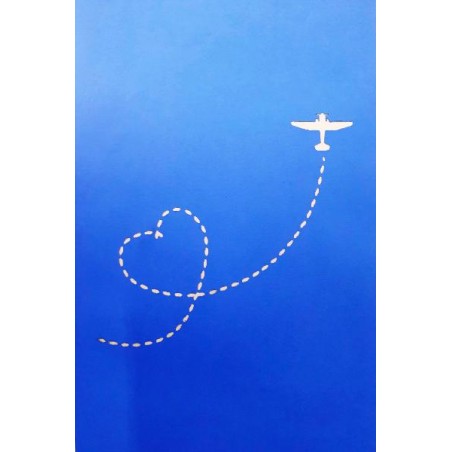 Copertina blu con silhouette di aeroplano e traccia a forma di cuore ritagliati