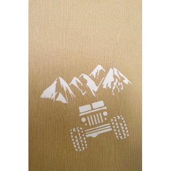 Copertina legno chiaro con sagoma di fuoristrada e cime montuose ritagliate