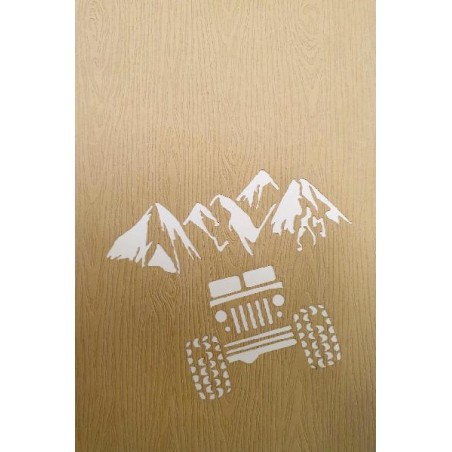Copertina legno chiaro con sagoma di fuoristrada e cime montuose ritagliate
