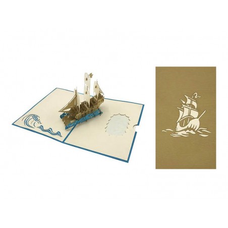 Vista interna ed esterna del biglietto origami Veliero tra le Onde