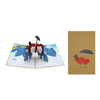 Vista interna ed esterna del biglietto origami Due Cuori Un Ombrello