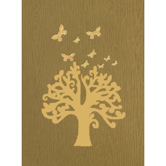 Copertina legno chiaro con albero e farfalle ritagliati